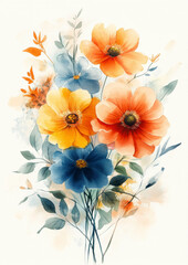 Fototapeta premium Illustration of bright floral arrangement with orange, blue, and yellow flowers on a soft background.