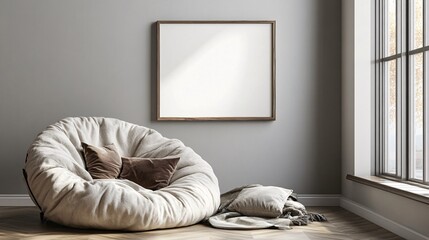 Cozy seating area with a large bean bag and empty frame in a bright room