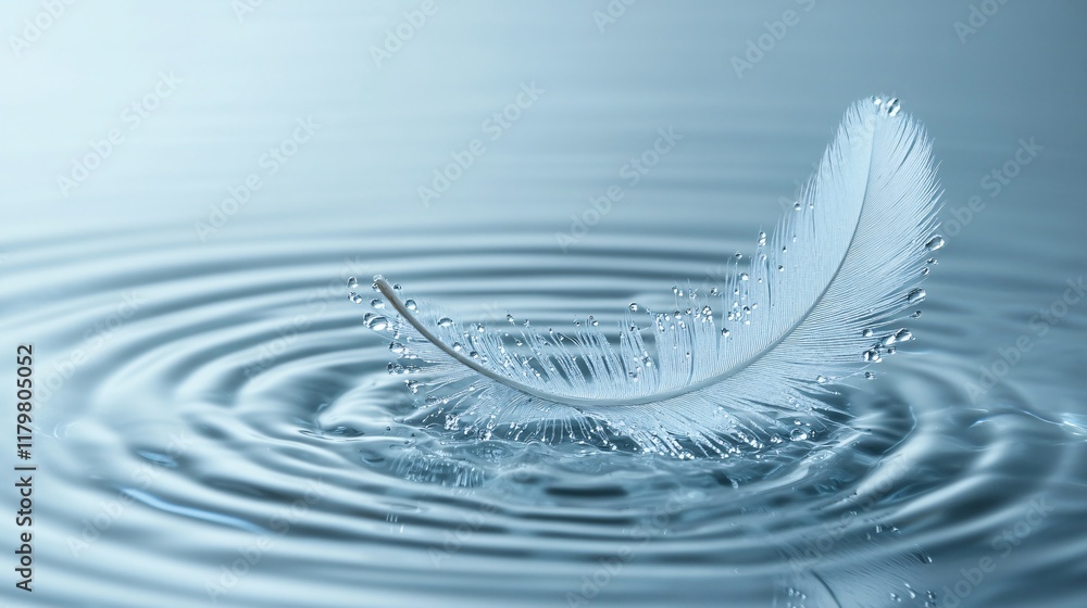 Poster gentle feather resting on water surface creating circular ripples in calm atmosphere