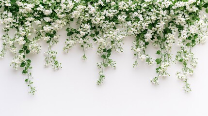 Obraz premium White flowers and green leaves hanging against a plain wall in a bright setting
