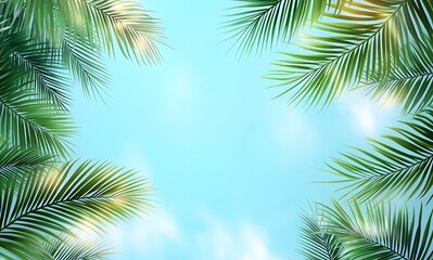 Fototapeta premium Light blue summer background with palm leaves, empty space for product presentation