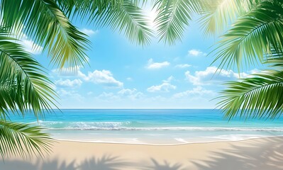 Light blue summer background with palm leaves, empty space for product presentation