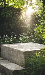A polished stone slab podium in a tranquil garden, surrounded by dense greenery, small white flowers, and soft natural light