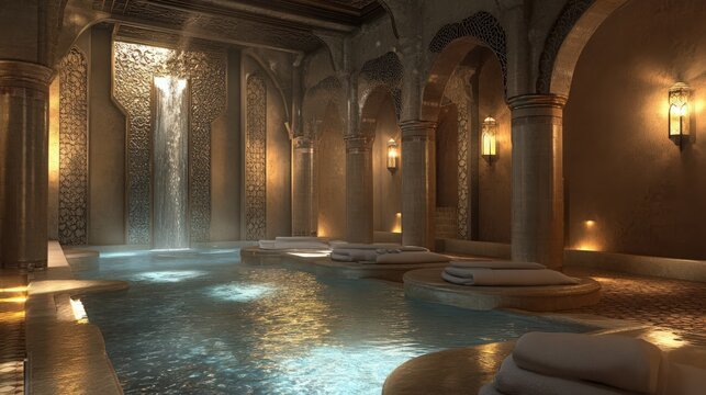 A Tranquil Oasis, Moorish-Inspired Spa with Waterfall and Soothing Ambiance