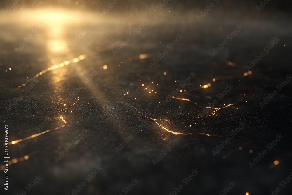 Poster glimmering light rays on dark surface with sparkling particles capturing the essence of a mystical o