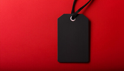 Blank black price tag on red background. Branding mock-up and marketing presentation concept.