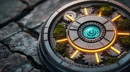 Futuristic Visuals with Elements of Temporal Shifts and Paradoxes, a macro photography image of an antique clock mechanism with futuristic glowing gears interspersed with moss and cracks.