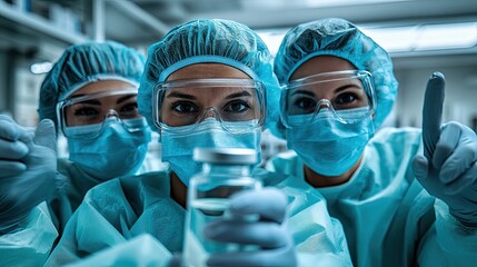 Three healthcare professionals in protective gear hold a vaccine vial while promoting safety in a clinical setting