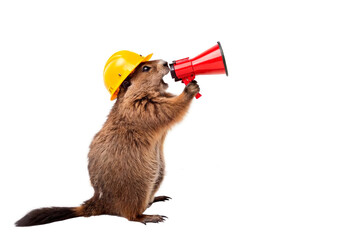 A beaver in a yellow construction helmet holds a red megaphone and shouts something.