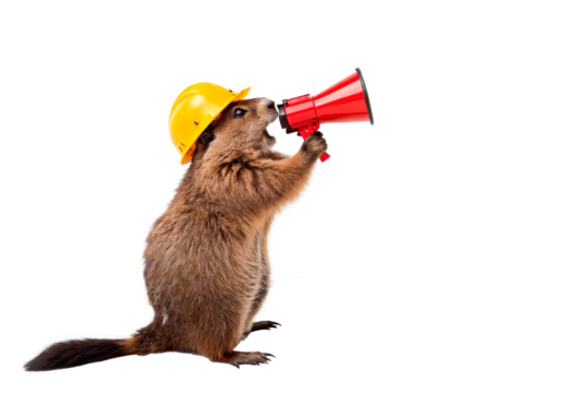 A beaver in a yellow construction helmet holds a red megaphone and shouts something.