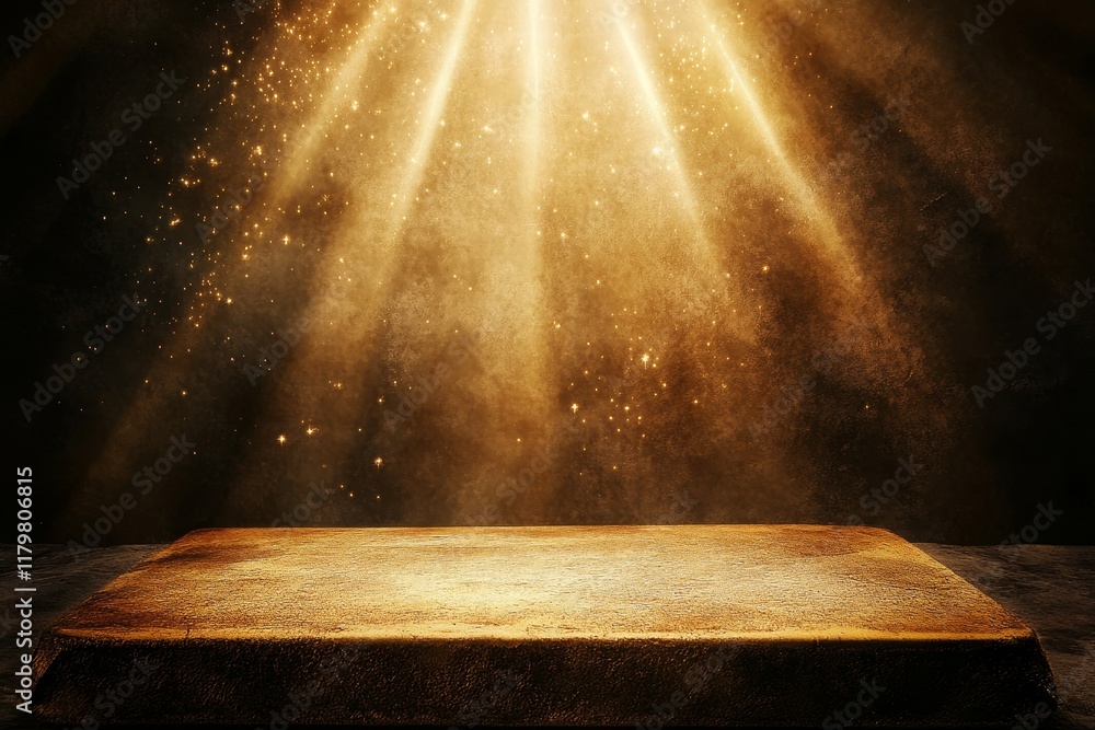 Aufkleber golden illuminated podium with ethereal light rays and sparkling dust creating a magical atmosphere 
