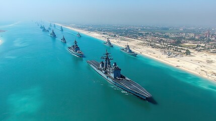 Naklejka premium Naval fleet maneuvers along coastal waters during a clear day under bright sunlight