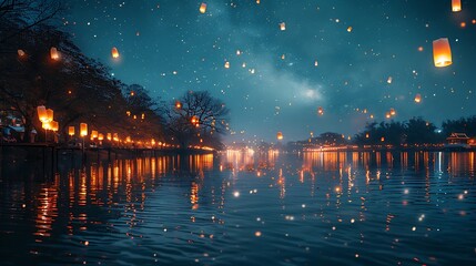 Illuminated Sky Lanterns Floating Over Water At Night
