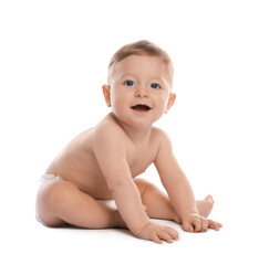 Little baby in diaper on white background