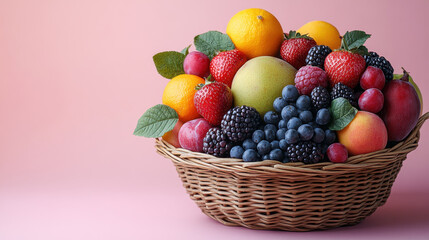 vibrant fruit basket overflowing with seasonal fruits like oranges, strawberries, and grapes, showcasing colorful array of nature bounty