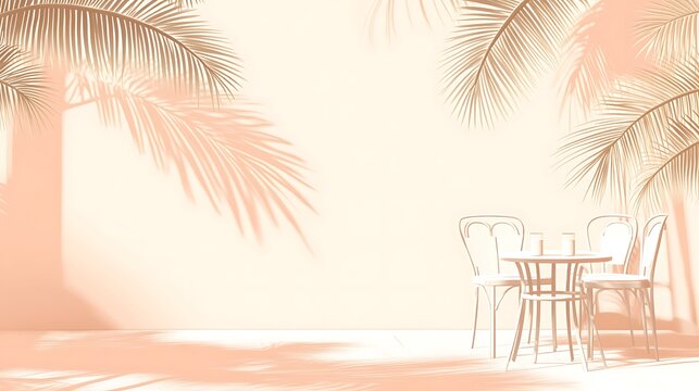 Light pink summer background with palm shadows, minimalist style