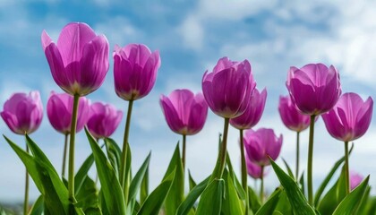 Fototapeta premium tulips with rich green leaves and a warm abstract blue background