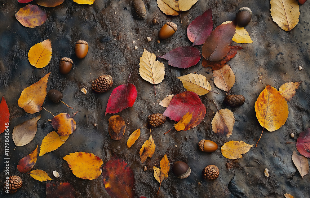 Poster a close-up of colorful autumn leaves and acorns scattered on the ground, creating an enchanting fall