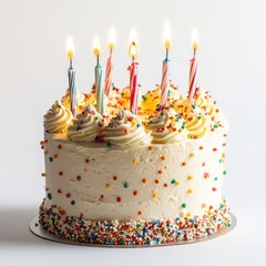 Delicious Birthday Cake with Lit Candles Sprinkles and Buttercream Frosting