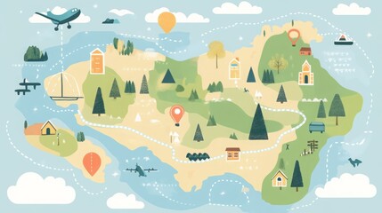 Whimsical illustrated map of an island, showing houses, trees, and transportation.