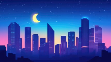 Fototapeta premium Night cityscape skyline with crescent moon and starry sky.