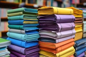 Obraz premium Colorful Stacked Paper Files in a Library Setting for Organization