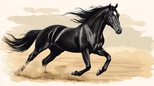 Majestic black horse galloping across sandy terrain in a sunny field setting