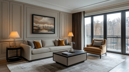 Fototapeta premium Elegant hotel suite featuring living area with modern decor, large windows, and stylish furniture, creating cozy and inviting atmosphere