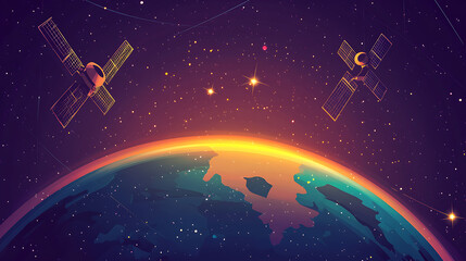 Naklejka premium A vibrant depiction of Earth with satellites orbiting in a starry space background.