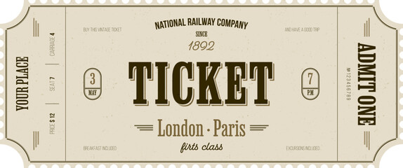 Vintage ticket template on light background with gold accents and grunge texture. For transportation, sightseeing routes, retro parties, clubs and other projects. Just add your text. Vector, printable