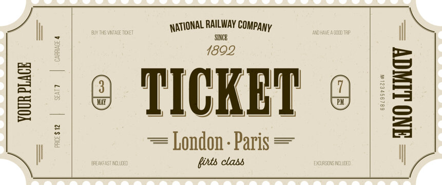 Vintage ticket template on light background with gold accents and grunge texture. For transportation, sightseeing routes, retro parties, clubs and other projects. Just add your text. Vector, printable