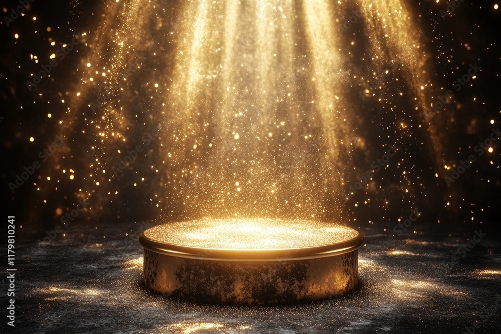Aufkleber illuminated golden platform surrounded by sparkling particles in a dreamy atmosphere for creative ba