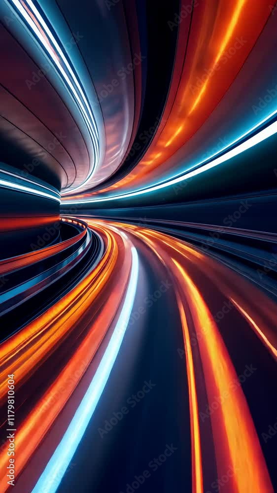 Poster colorful light trails sweep around a curved road at night creating a dynamic and mesmerizing visual 
