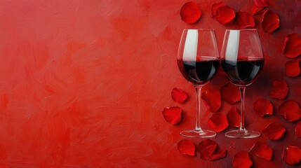 A pair of wine glasses painted with acrylics in vibrant red tones, surrounded by rose petals, Valentines celebration, romantic toast, still life