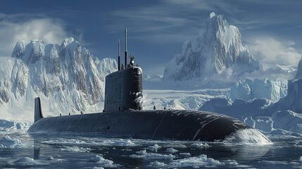 Fototapeta premium Submarine navigating icy waters near towering mountains in a remote Arctic location during daylight hours