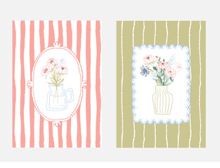Set of vintage-style floral frames with striped backgrounds. Suitable for wedding invitations, stationery, and decorative prints