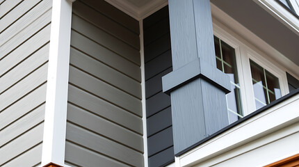 House Exterior Detail: Gray and Dark Gray Siding with White Trim and Support Post