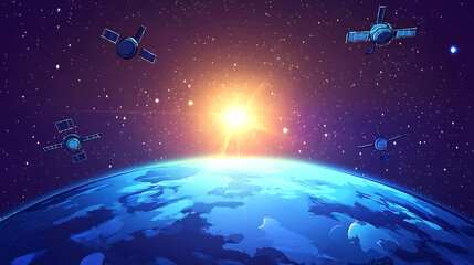 Fototapeta premium A vibrant depiction of Earth surrounded by satellites and a rising sun in space.