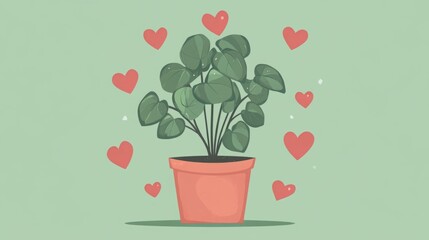 Heart-shaped leaves and hearts surround this adorable potted plant. A perfect image for Valentine's Day or any occasion to show love.