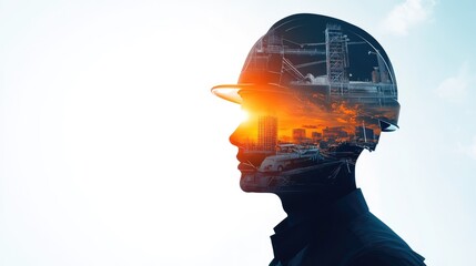 Silhouette of a person wearing a hard hat, superimposed with a cityscape at sunset, symbolizing construction and urban planning.