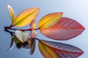 Dewy Leaves on a Smooth Surface with Reflections in Soft Light