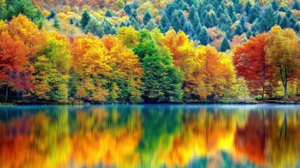 Autumn lake reflection, vibrant fall foliage, mountain backdrop, scenic nature wallpaper