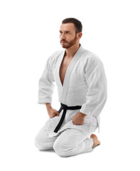 Karate fighter in uniform on white background