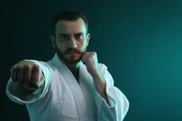 Man wearing uniform practicing karate in color lights, selective focus. Space for text