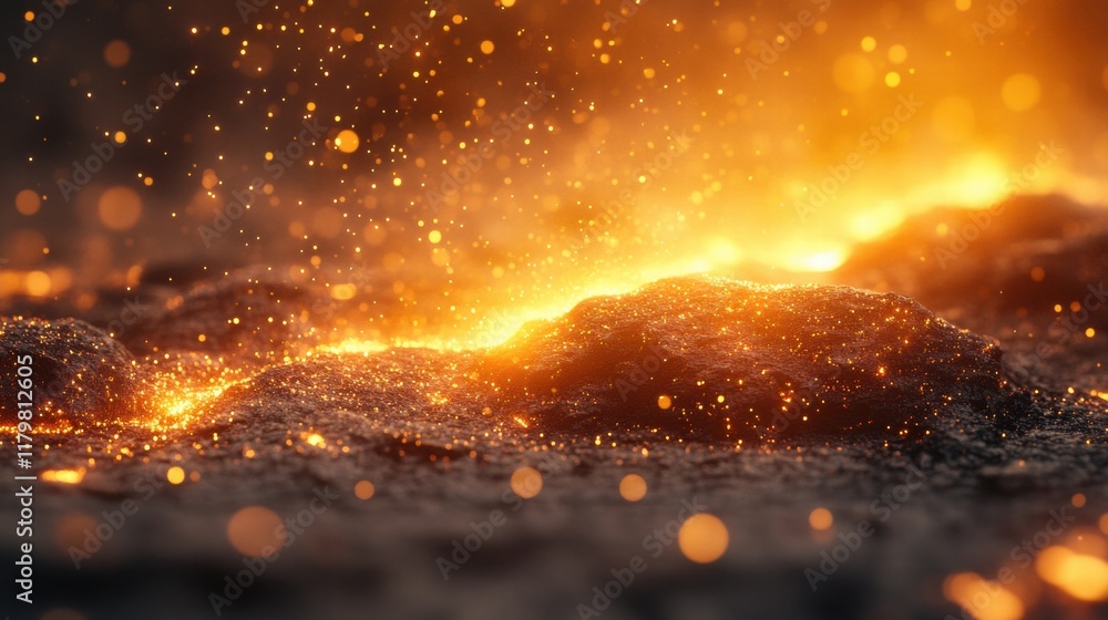 Wall mural glowing lava flow with sparkling particles in a dark environment