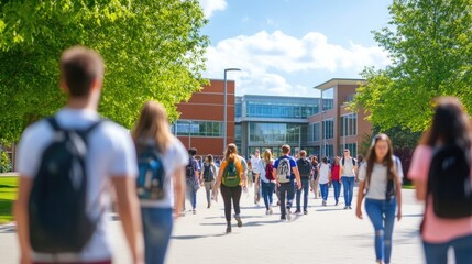 Students walking on campus toward a modern school building on a sunny day.