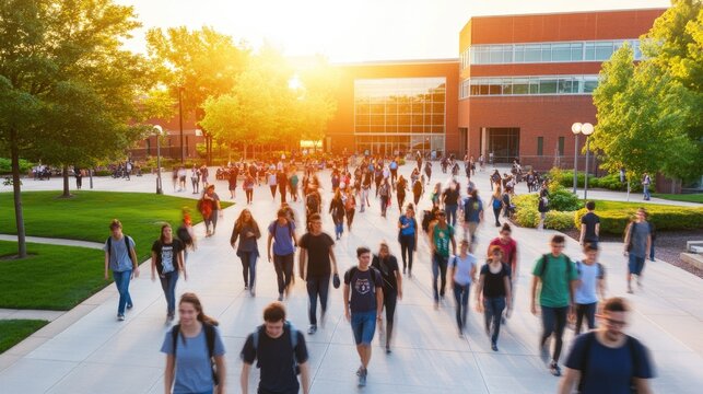Students walking on a sunny college campus.