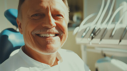 Smiling dentist in white uniform at medical office. Healthcare services