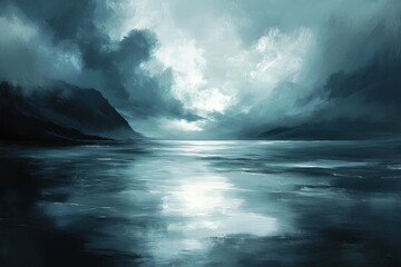 Naklejka premium Misty Ocean Landscape with Dark Clouds and Reflective Water Surface