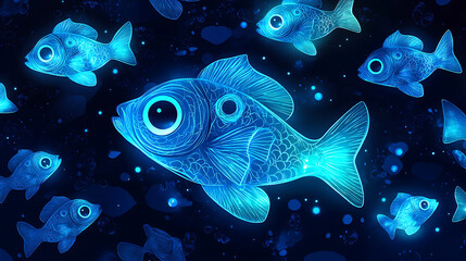 Fototapeta premium A vibrant illustration of glowing fish in a dark underwater scene.